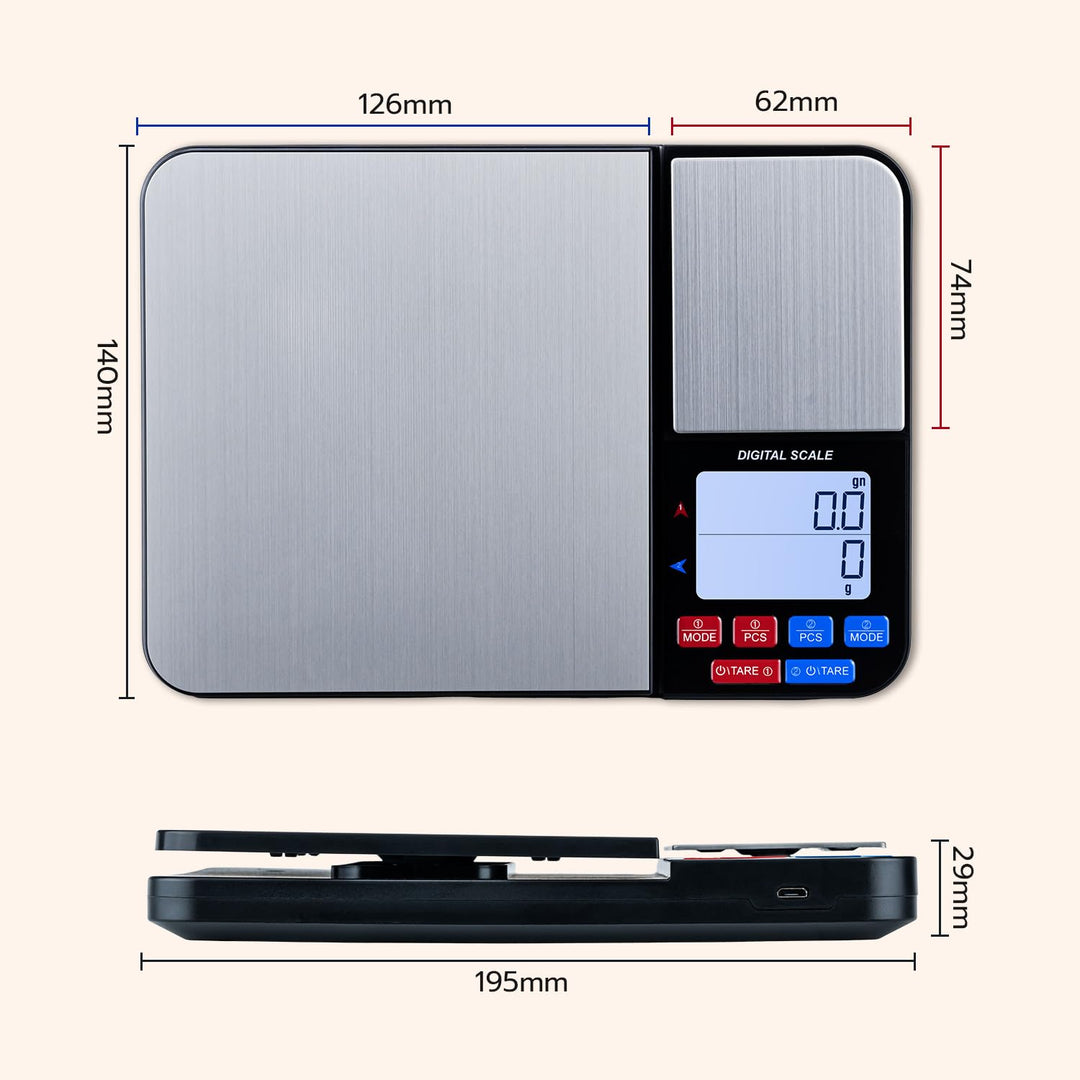 Wigearss Küchenwaage Digital mit Dual Plattform 10kg/1g und 500g/0.01g, Doppelfunktion Küchen Feinwa