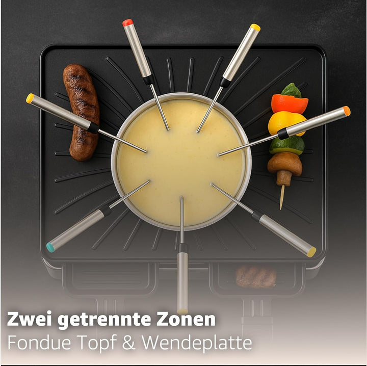 Raclette Fondue Set für 8 Personen mit Pfännchen & Schaber - Rostfrei & Regulierbar (Fondue Set), Fo