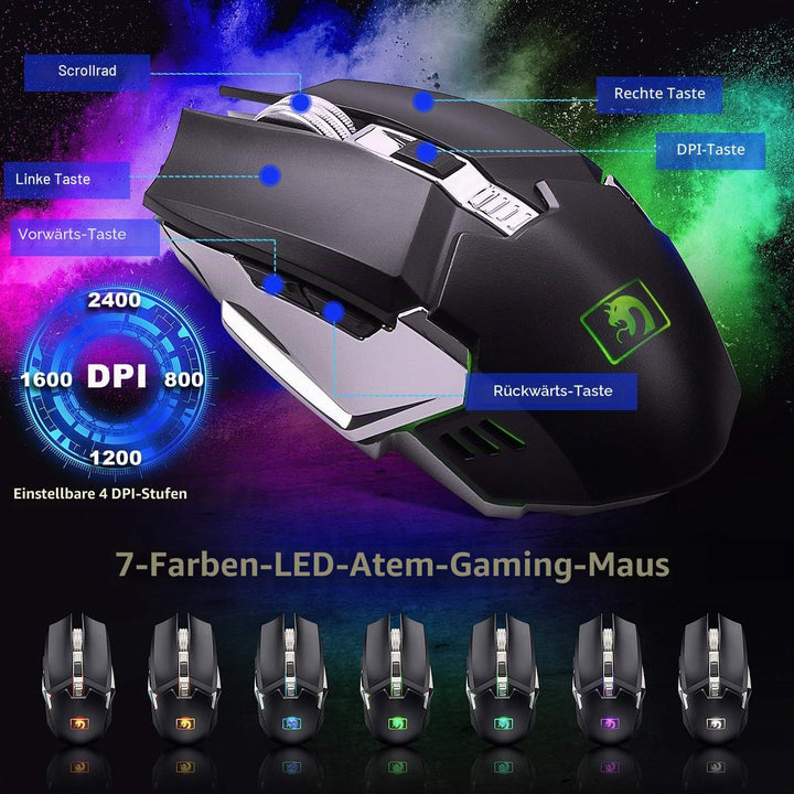 LexonElec Wireless 2.4G wiederaufladbare Tastatur Maus Set 3800mAh Grosse Kapazität Regenbogen-Gamer