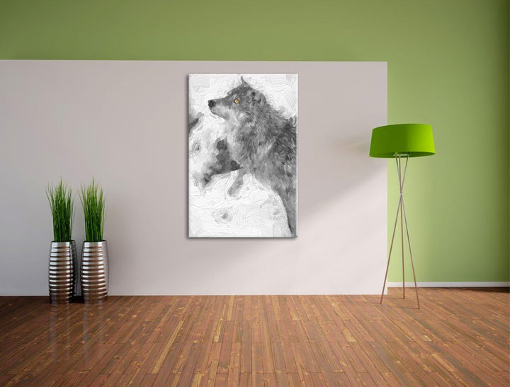 schöner Wolf im Schnee schwarz/weiss Deluxe Format: 100x70 cm auf Leinwand, XXL riesige Bilder ferti
