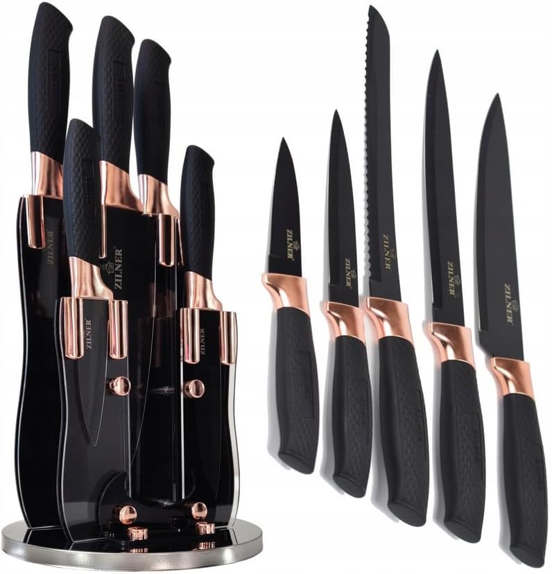 Messerblock mit Messer, Messerset 6-teilig, Schwarz Gold, Edelstahl