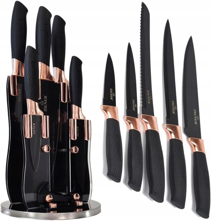 Messerblock mit Messer, Messerset 6-teilig, Schwarz Gold, Edelstahl