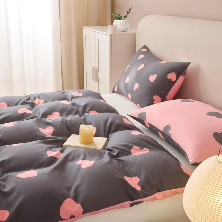 Tospass Liebe Bettwäsche 135x200cm Grau Rosa Herz Mädchen Wende Bettwäsche Set Liebesmotiv Romantisc