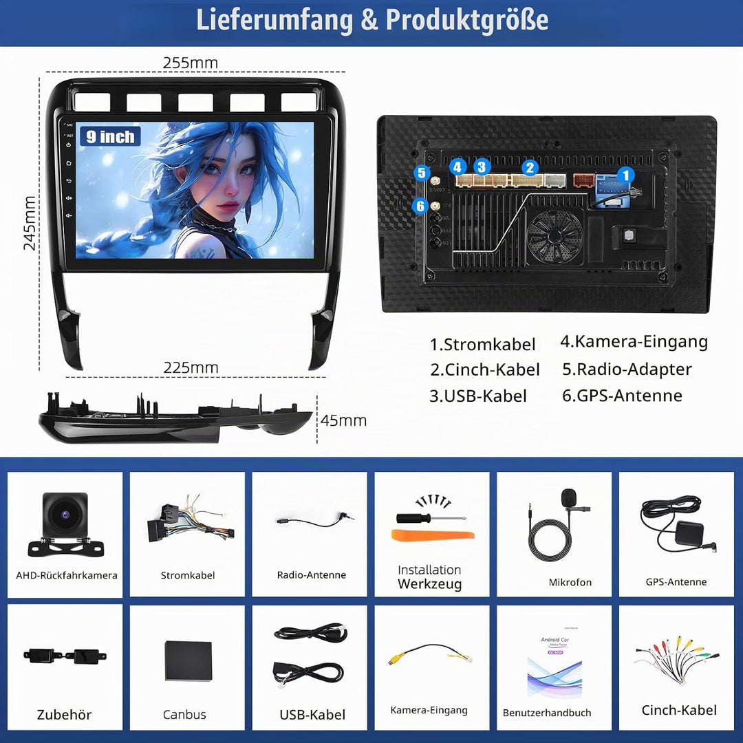 CAMECHO Qualcomm 8-Kern 4+64G Android 15 DSP Autoradio für Porsche Cayenne 2002-2010 mit Rückfahrkam