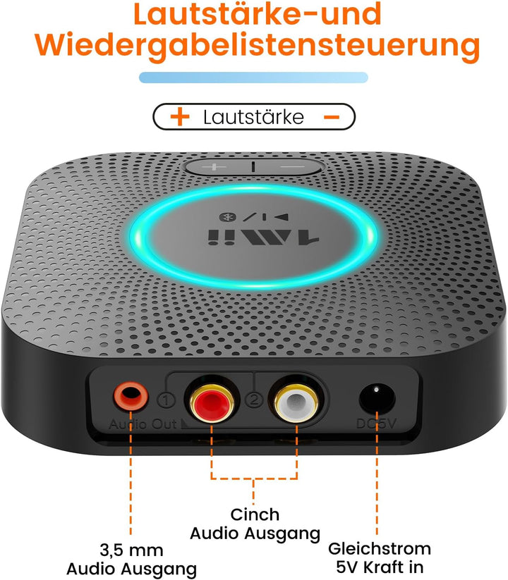 1Mii B06S Bluetooth Audio Adapter mit Lautstärkeregelung, HiFi Bluetooth 5.2 Empfänger, aptX HD & Lo