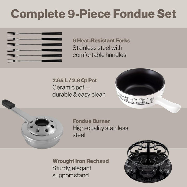 Heidi 9er Set Fondue, Käsefondue, Gabeln, Eintopf, Keramiktopf, Keramikfondue Swissmar Heidi Fondue-