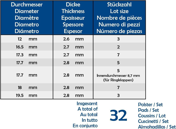 27 Flötenpolster Soundman® Universal-Polsterset Polster Querflöte Flöte Flötenpolster Pads Sets Flut