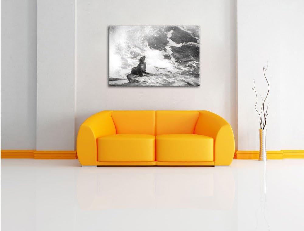 Pixxprint süsse Robbe sonnt Sich Kunst Kohle Effekt, Format: 100x70 auf Leinwand, riesige Bilder fer