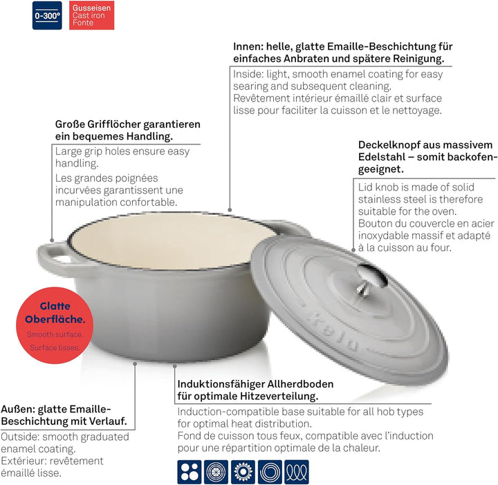 kela Bräter Calido, Ø 24 cm, 3,8 L, Gusseisen, hellgrau, rund, Allherdboden, emailliert, hitzebestän