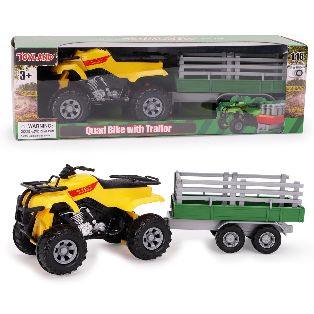 Toyland® Farm Quad &amp; Trailer Spielset - Massstab 1:16 - Freilaufaktion - Jungen Farmspielzeug (Gelb)
