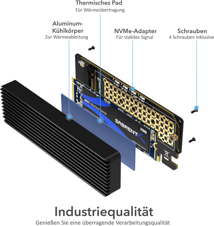 Sabrent M.2 SSD NVMe PCIe Adapter mit Aluminium Kühlkörper und Wärmeleitpad, für SSD 1TB, SSD 2TB, S