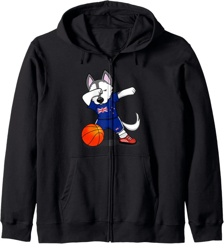 Dabbing Husky Hund Neuseeland Basketball Mannschaft Flagge Kapuzenjacke