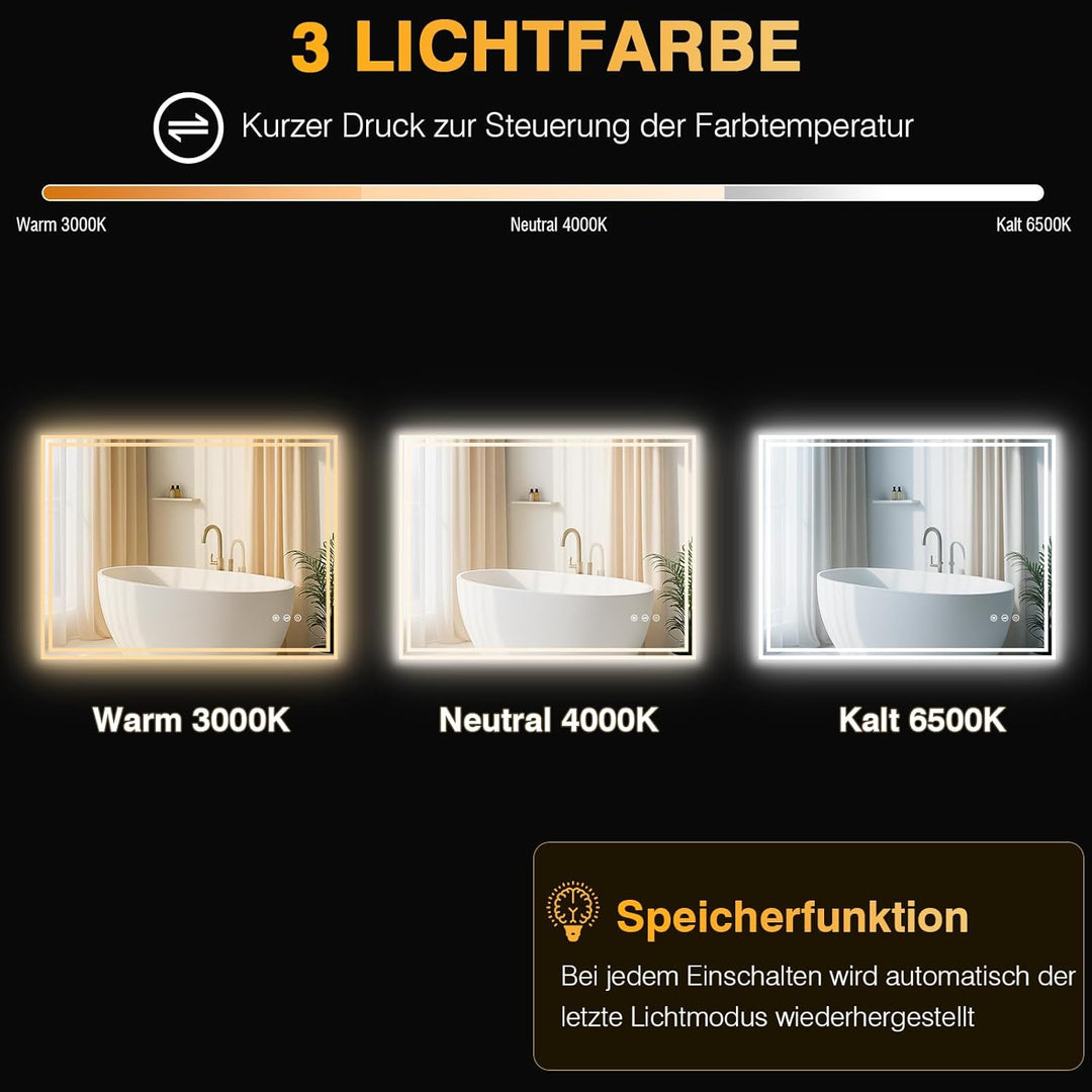 LED Badspiegel mit Beleuchtung, Beleuchteter Badezimmerspiegel mit 3 Lichtfarben, Dimmbar, Anti-Besc