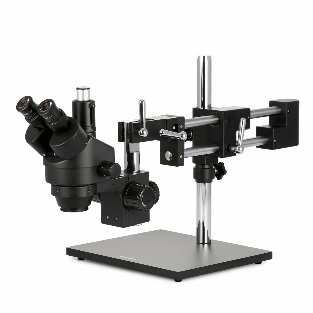 AmScope SM-4TZZ-B Trinokulares Stereo-Zoom-Mikroskop mit Schwarzem Doppelarm-Ausleger, 3.5X-180X, Sc