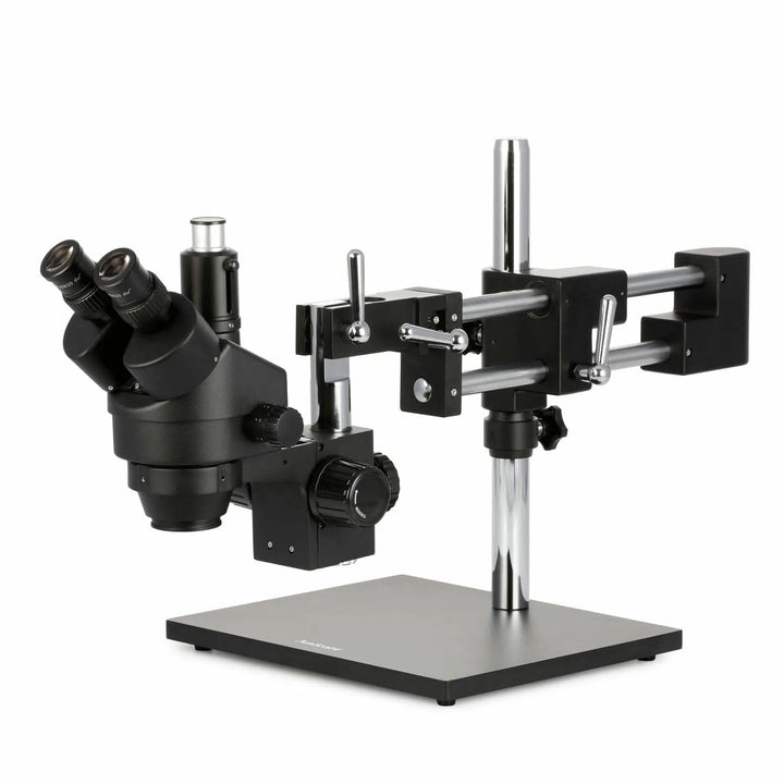 AmScope SM-4TZZ-B Trinokulares Stereo-Zoom-Mikroskop mit Schwarzem Doppelarm-Ausleger, 3.5X-180X, Sc