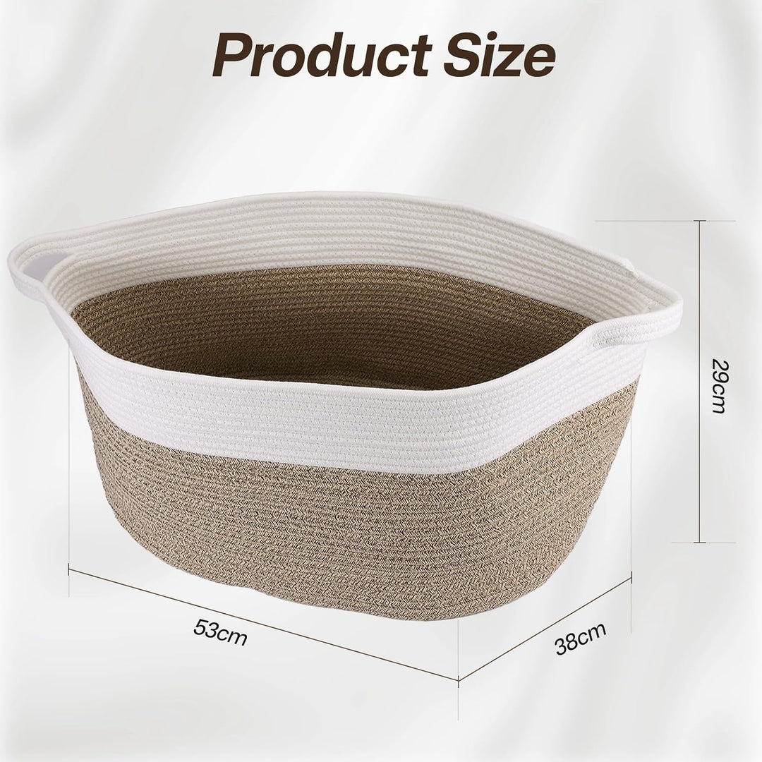 60L 53 x 38 x 29 cm Grosser Geflochtener Wäschekorb, Baumwollseil-Material, Stabil mit Lederhenkeln,