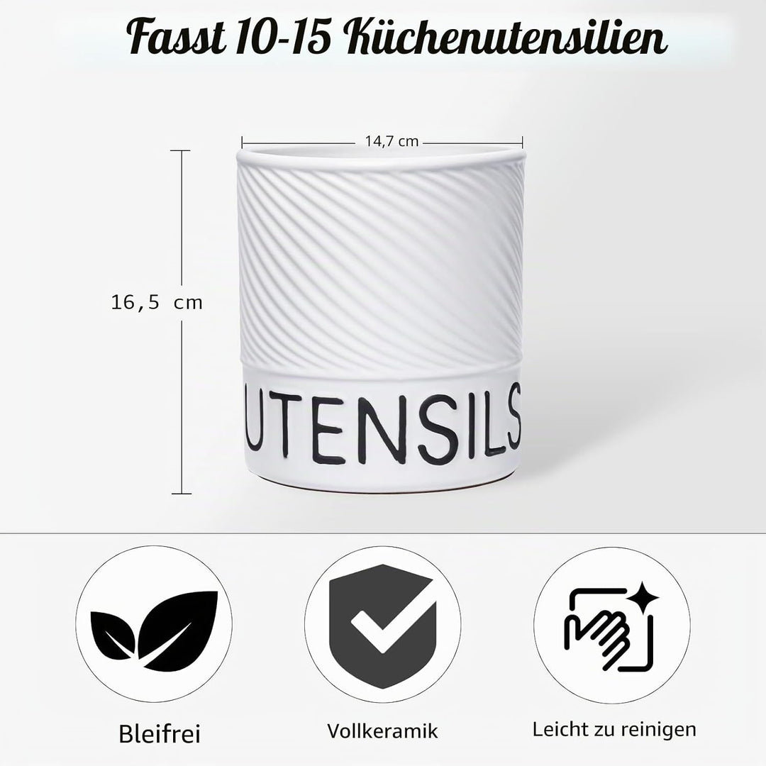 Karisky Utensilhalter für Küchentheke, 6,5 "grosser Keramikutensilien -Crock mit Korkmatte, moderner