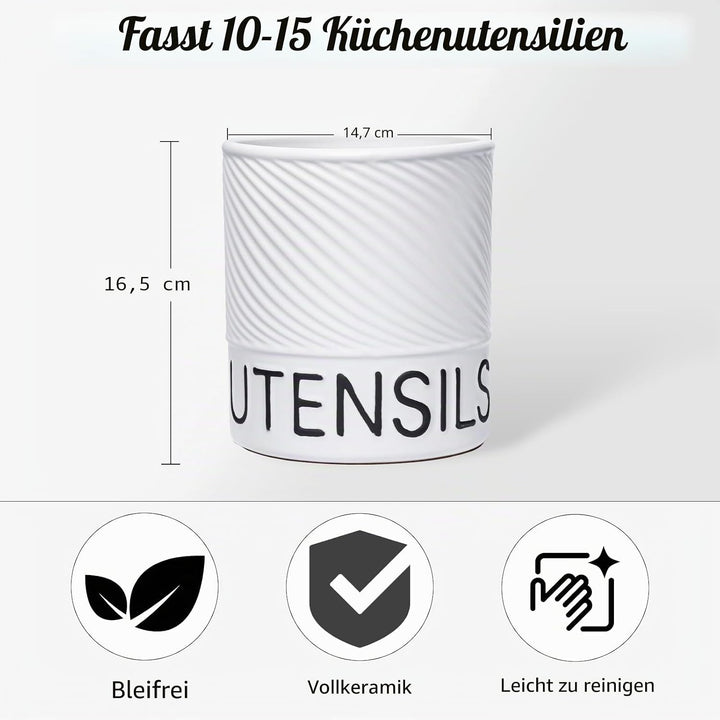 Karisky Utensilhalter für Küchentheke, 6,5 "grosser Keramikutensilien -Crock mit Korkmatte, moderner