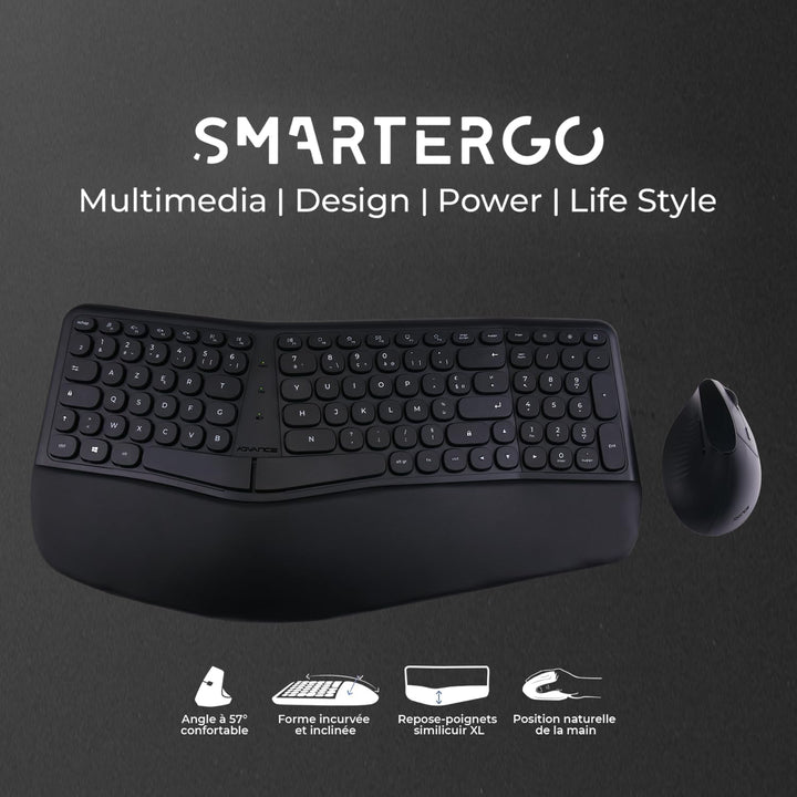 AD ADVANCE - Smartergo Set aus kabelloser Tastatur, ergonomisch, für PC, vertikale Maus, 57 °, verst