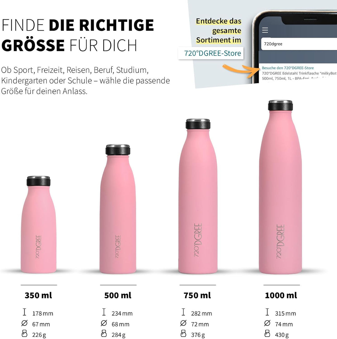 720°DGREE Edelstahl Trinkflasche “milkyBottle” - 350ml - Perfekt für Kinder, BPA-Frei, Auslaufsicher