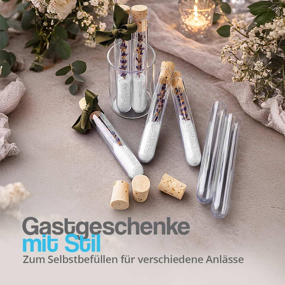 Tuuters 100x Kunststoff Reagenzgläser mit Korken (Naturkorken), Reagenzröhrchen (100 x Ø 16mm), 100