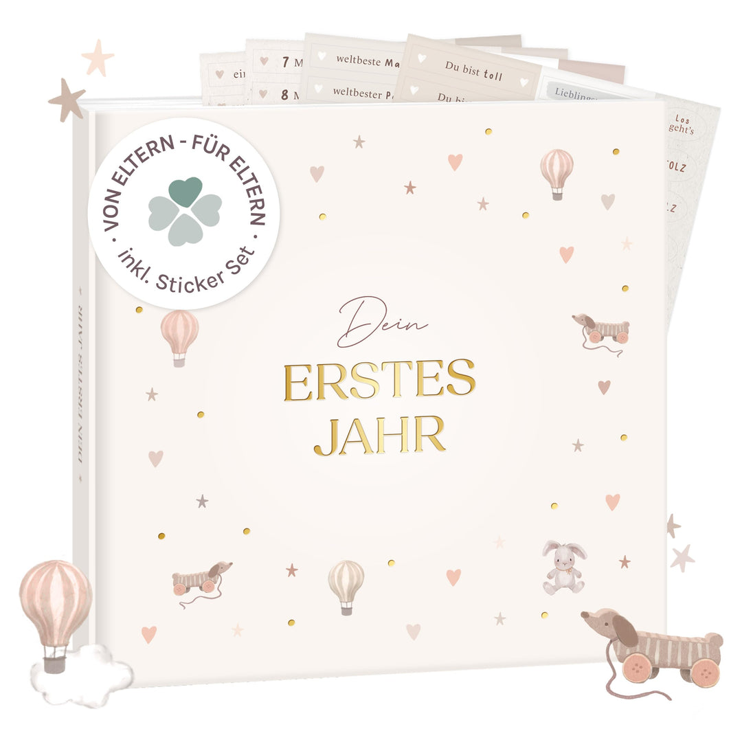 mintkind® Mein erstes Jahr Babyalbum Pattern – sanftes Babytagebuch mit 176 Seiten und Sticker-Set f