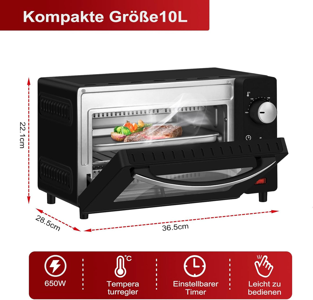 WANNYTON Minibackofen, Backofen 10 L, 650 Watt, 100-230 °C Timer 0-60 Min. inkl. Backblech Grillrost
