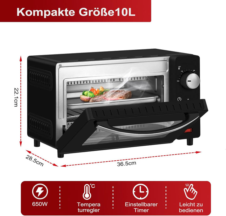 WANNYTON Minibackofen, Backofen 10 L, 650 Watt, 100-230 °C Timer 0-60 Min. inkl. Backblech Grillrost