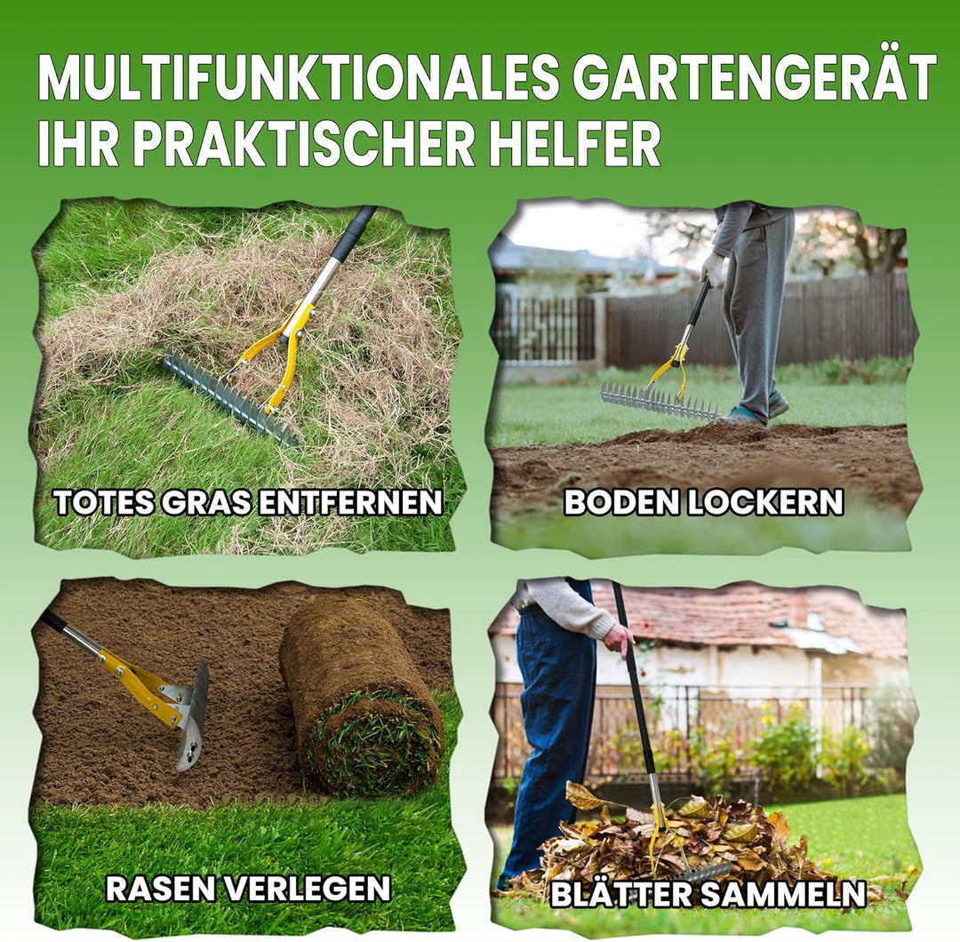Gartenrechen Vertikutier-Rechen für den Rasen, 38 cm Verstellbarer Rechenkopf, Dethatcher zum Entfer