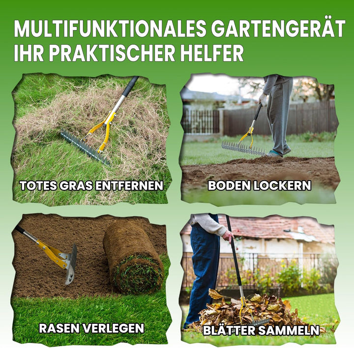 Gartenrechen Vertikutier-Rechen für den Rasen, 38 cm Verstellbarer Rechenkopf, Dethatcher zum Entfer
