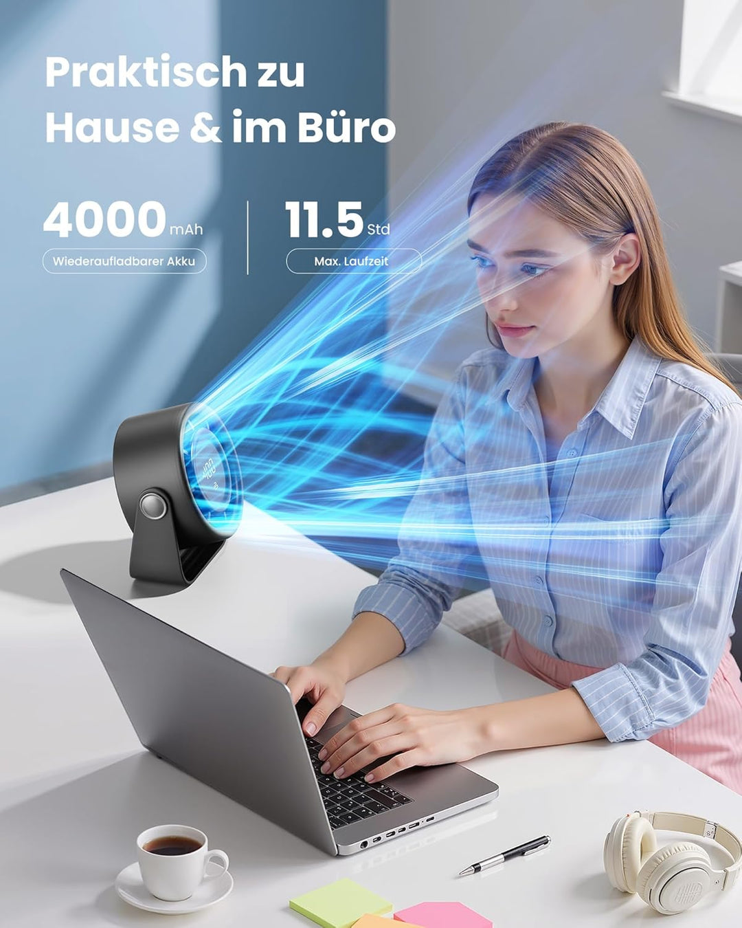 Gaiatop USB Ventilator Klein Leise, Akku Tischventilator mit 5 Stufen & Kraftvoller Luftstrom, Touch