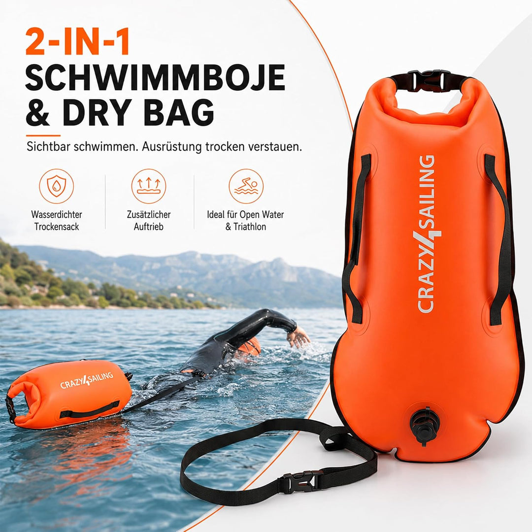 crazy4sailing Schwimmboje Dry Bag, wasserdichter Trockensack & aufblasbare Schwimmhilfe, 36 x 72 cm,