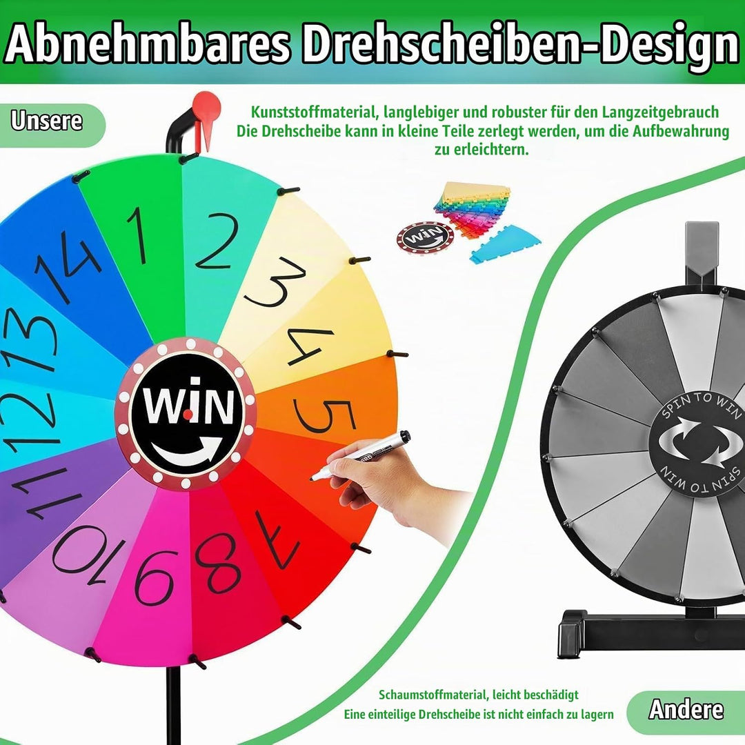 60 cm grosses Glücksrad mit Stifthalter, höhenverstellbares Glücksrad für Lotteriespiele, Wortspiele