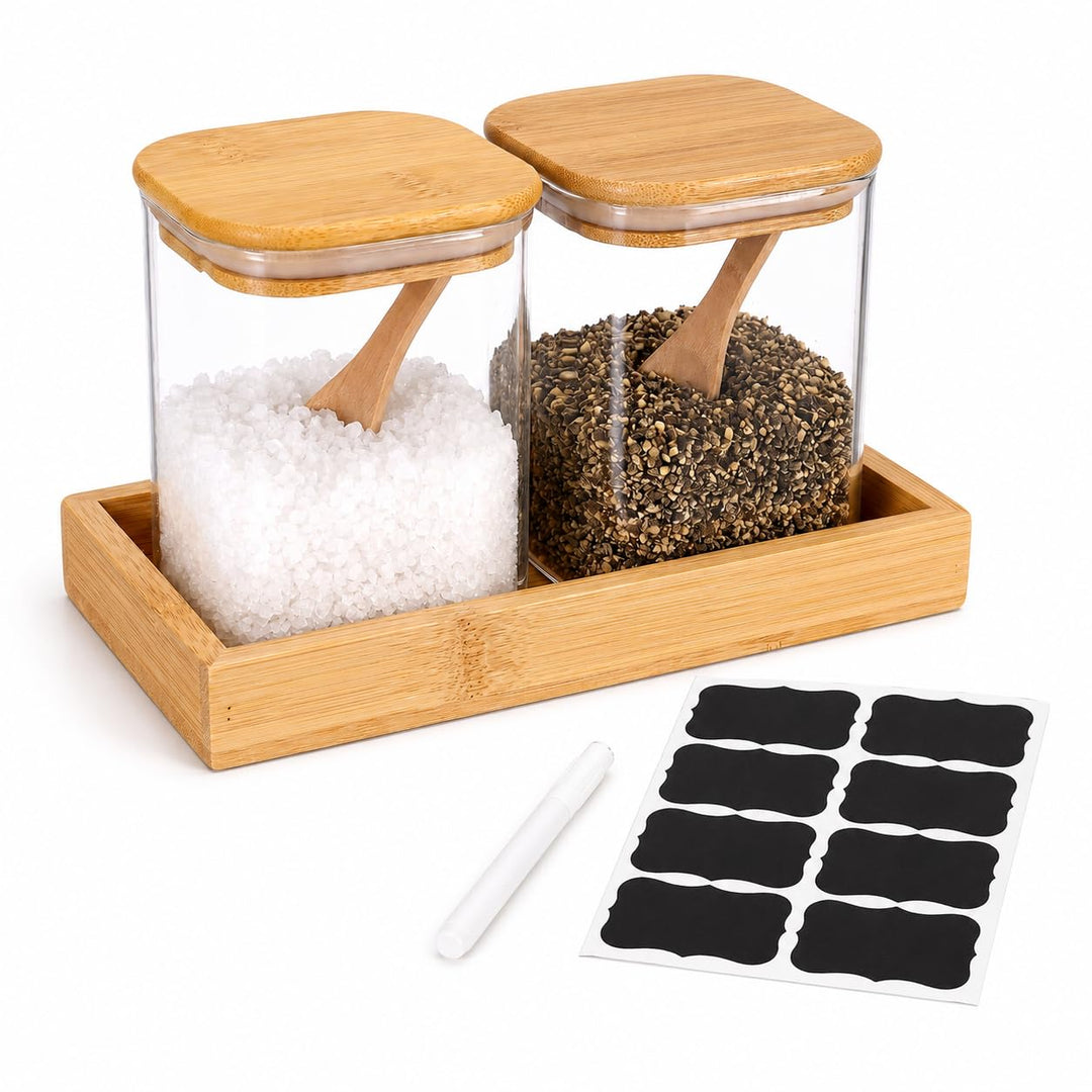 Gewürzgläser 2er Set für Küche, Bambusdeckel, Löffel und Tablett