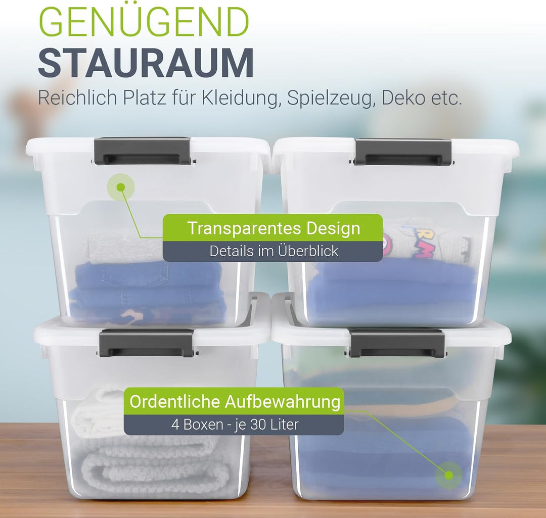 Juskys Aufbewahrungsbox mit Deckel - 4er Set Kunststoff Boxen 30l - Box gross, stapelbar, transparen