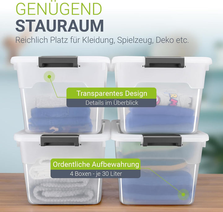 Juskys Aufbewahrungsbox mit Deckel - 4er Set Kunststoff Boxen 30l - Box gross, stapelbar, transparen