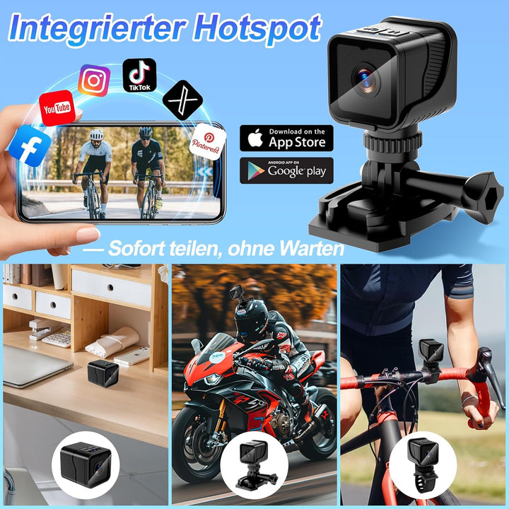 Pudet Luo Mini Kamera, Hotspot WiFi Tragbare Kleine Actionkamera für Sport, 1080P HD & 120° Ultra-We