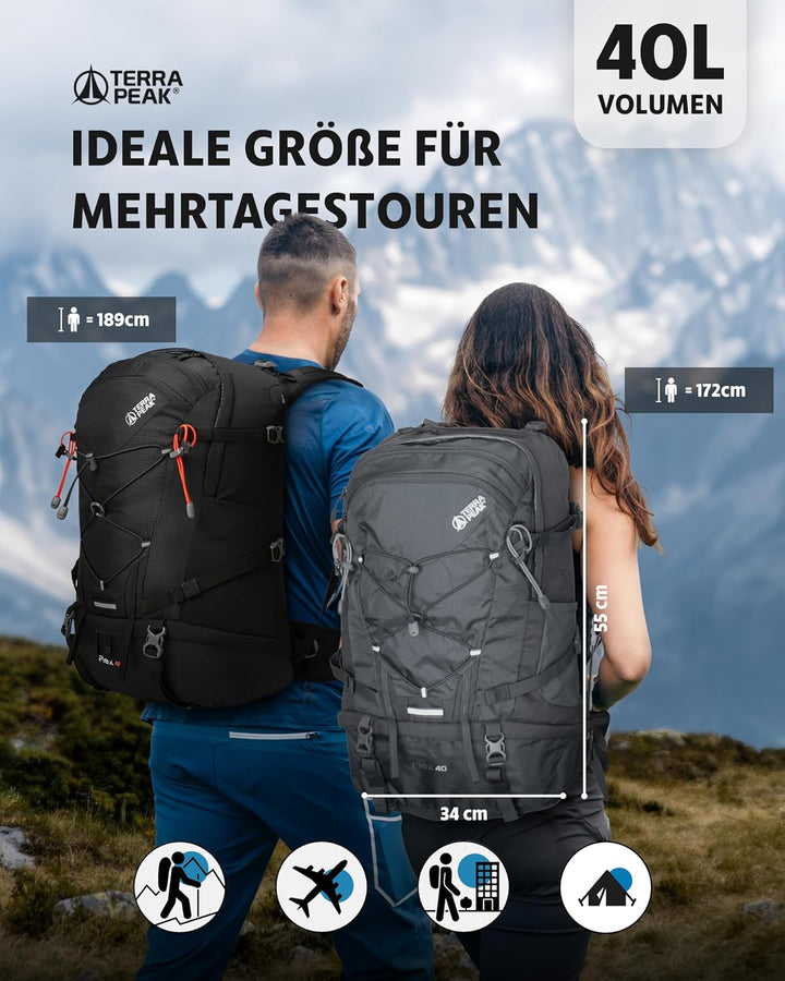 Terra Peak® Premium Wanderrucksack 40L (FLEX 40) für Damen & Herren gross mit Rückenbelüftung, Regen