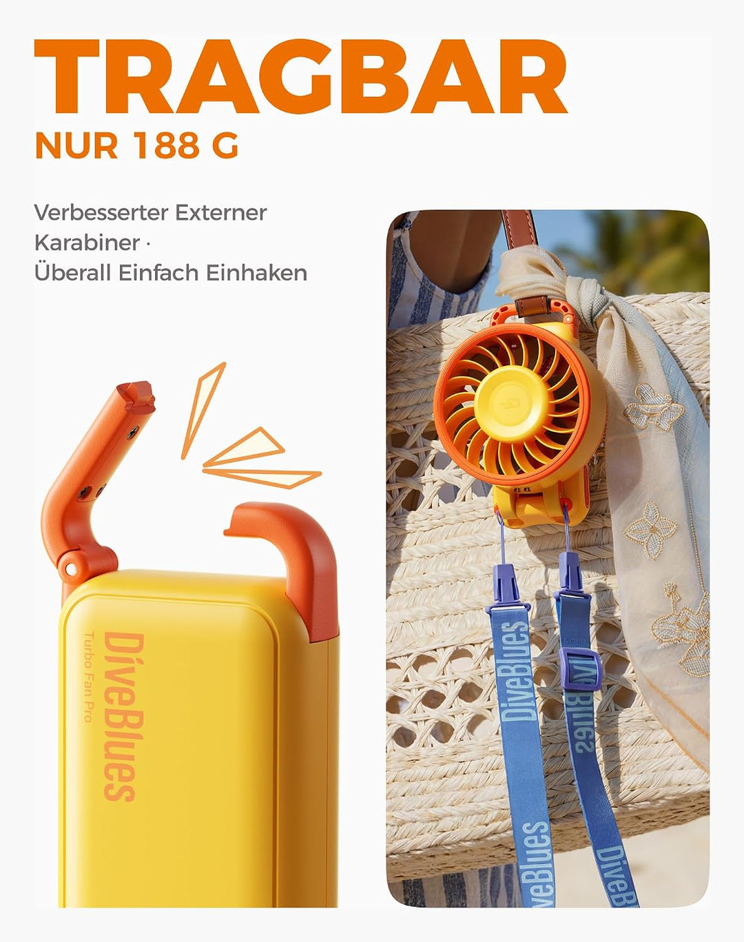 Diveblues Handventilator Tragbarer Turbo-Ventilator mit 100 Stufen und 7.4m/s Starkem Luftstrom, 180