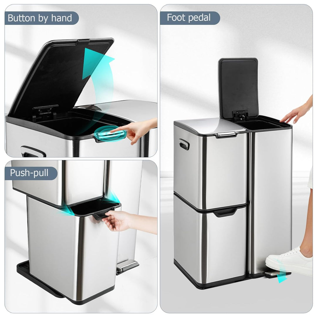LIFERUN Mülleimer 3 Fächer, 60L Mülltrennsystem (30 + 17 + 13 L) mit Softclose Deckel, Abfalleimer K