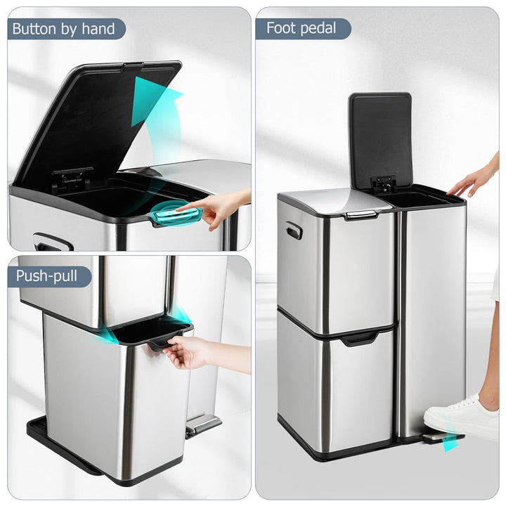 LIFERUN Mülleimer 3 Fächer, 60L Mülltrennsystem (30 + 17 + 13 L) mit Softclose Deckel, Abfalleimer K