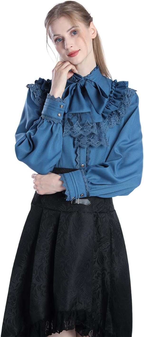 CR ROLECOS Viktorianische Bluse Damen Stehkragen Damen Mittelalter Rüschenbluse Vintage Bluse Blau M
