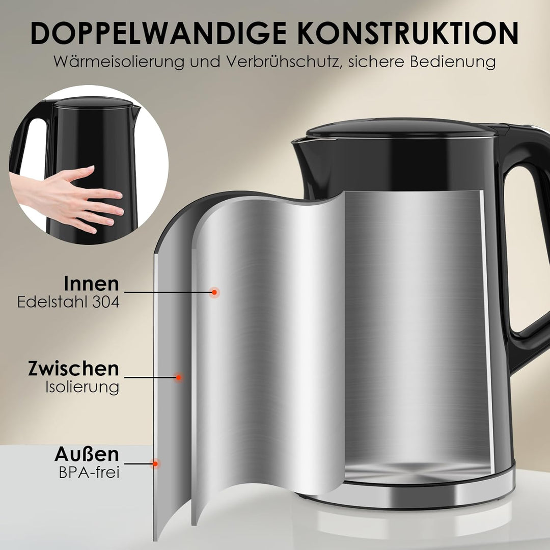 VORSCH Wasserkocher Edelstahl 1,7 L mit LCD-Temperaturanzeige, Temperaturwahl 40-100 °C, Trockengehs