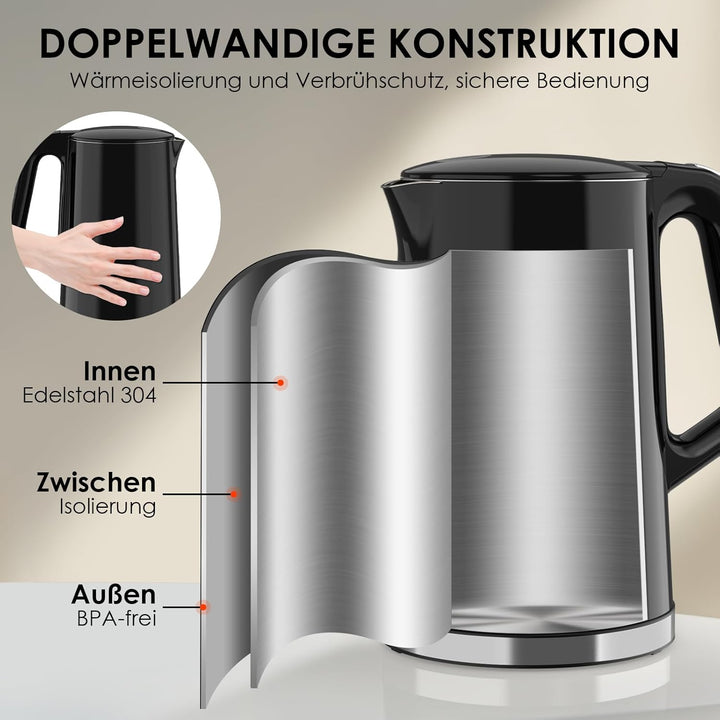 VORSCH Wasserkocher Edelstahl 1,7 L mit LCD-Temperaturanzeige, Temperaturwahl 40-100 °C, Trockengehs
