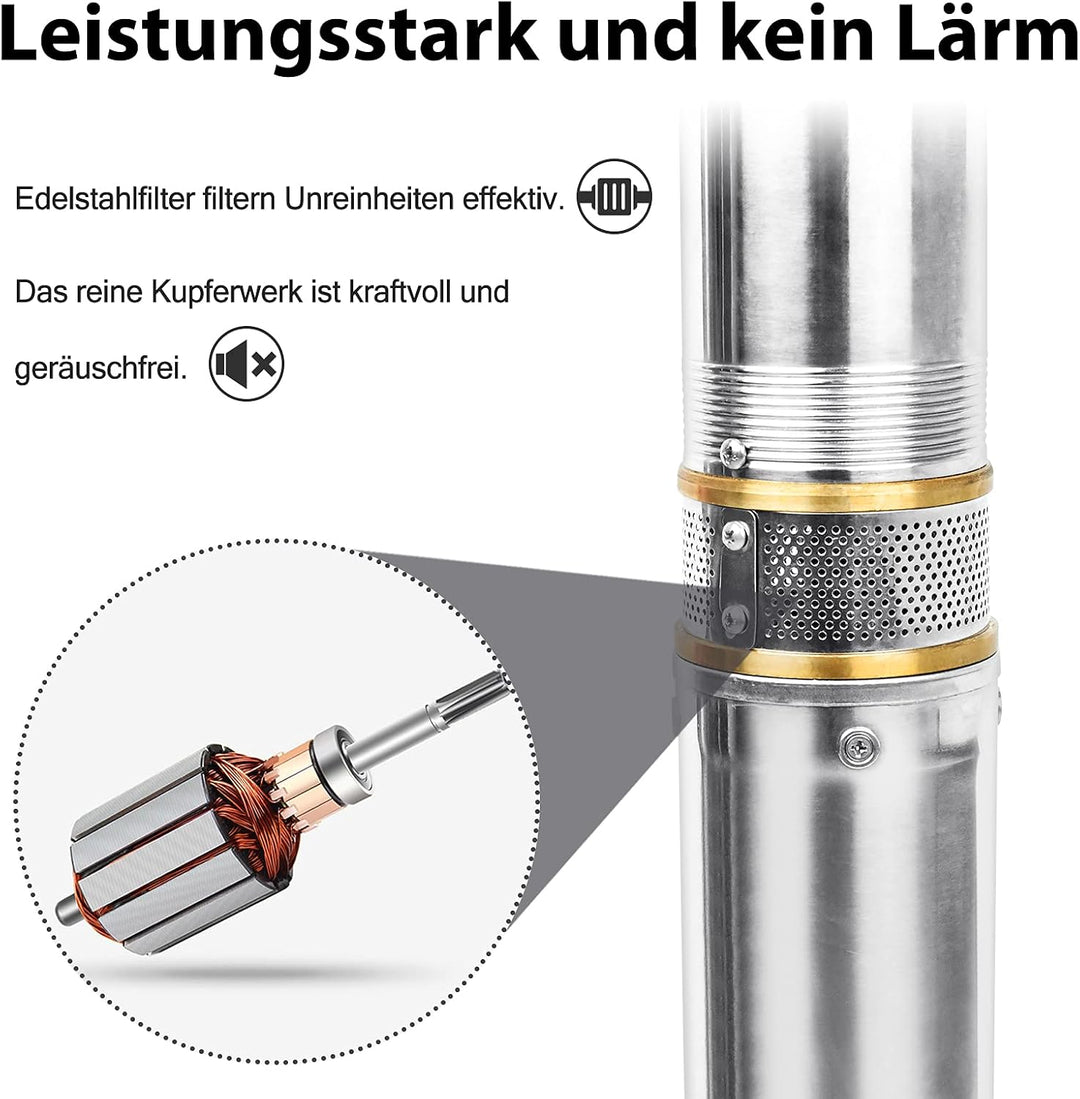 UISEBRT Tiefbrunnenpumpe Edelstahl Brunnenpumpen 0.37kW/0.5hp bis 4.000 l/h Fördermenge Tauchpumpe 3