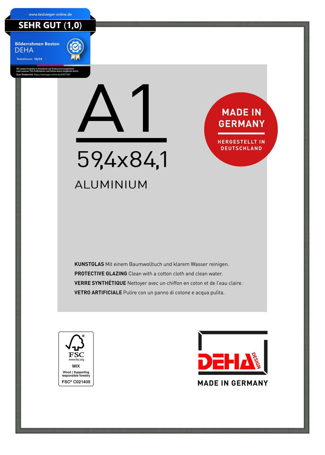 DEHA Design Bilderrahmen Boston, A1 59,4x84,1 cm, Aluminium Contrastgrau, bruchsicheres Acrylglas, f