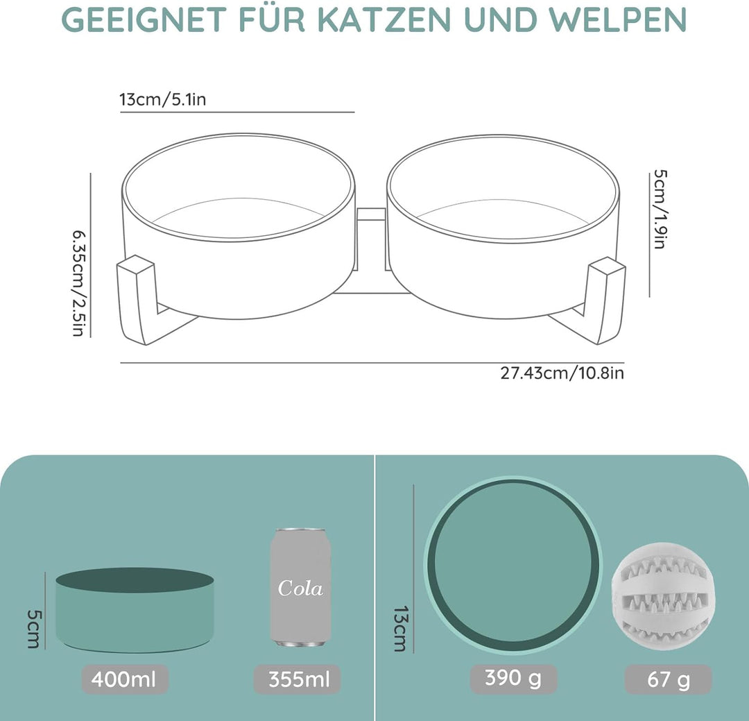 SPUNKYJUNKY Keramik Doppel Futternapf mit Bambus Ständer für Katzen und Hunde (400ml, Grün) Türkis D