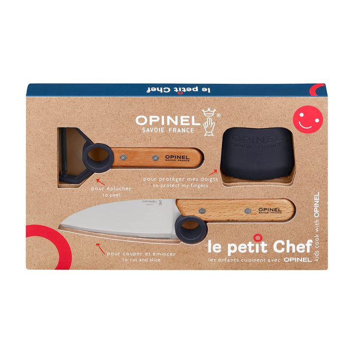 Opinel Le Petit Chef Küchenmesser-Set für Kinder, 3-teilig, in Blau, Kochmesser, Fingerschutz, Spars