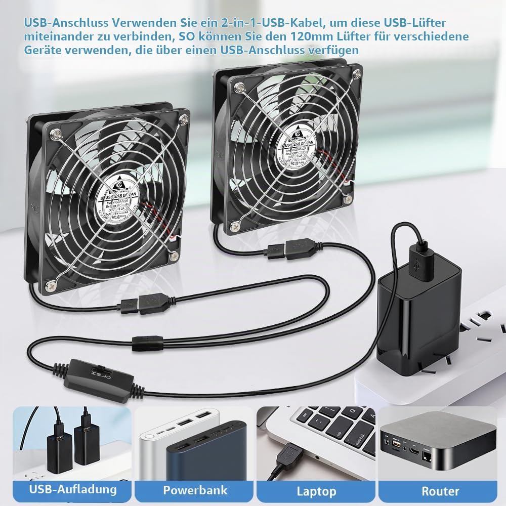 GDSTIME 2 x 120 USB Lüfter mit 3 Einstellbare Geschwindigkeiten 120mm PC Fan USB Ventilator für Chas