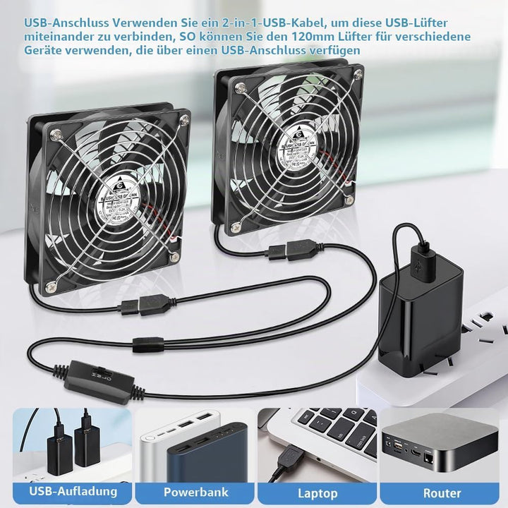 GDSTIME 2 x 120 USB Lüfter mit 3 Einstellbare Geschwindigkeiten 120mm PC Fan USB Ventilator für Chas